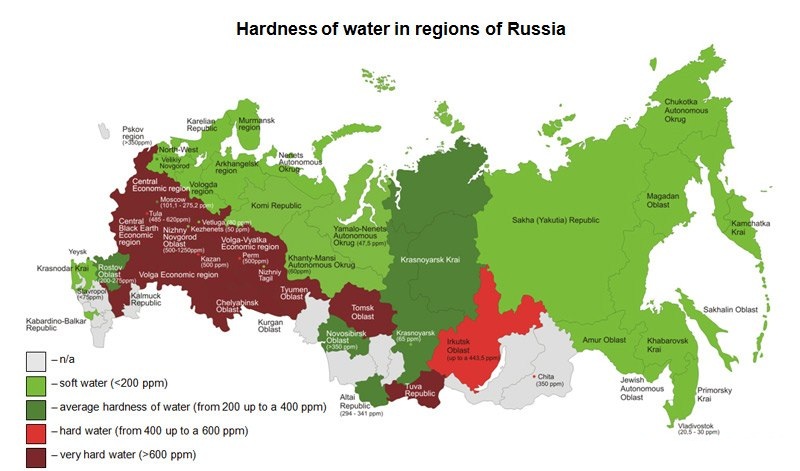 карта жесткости воды в России